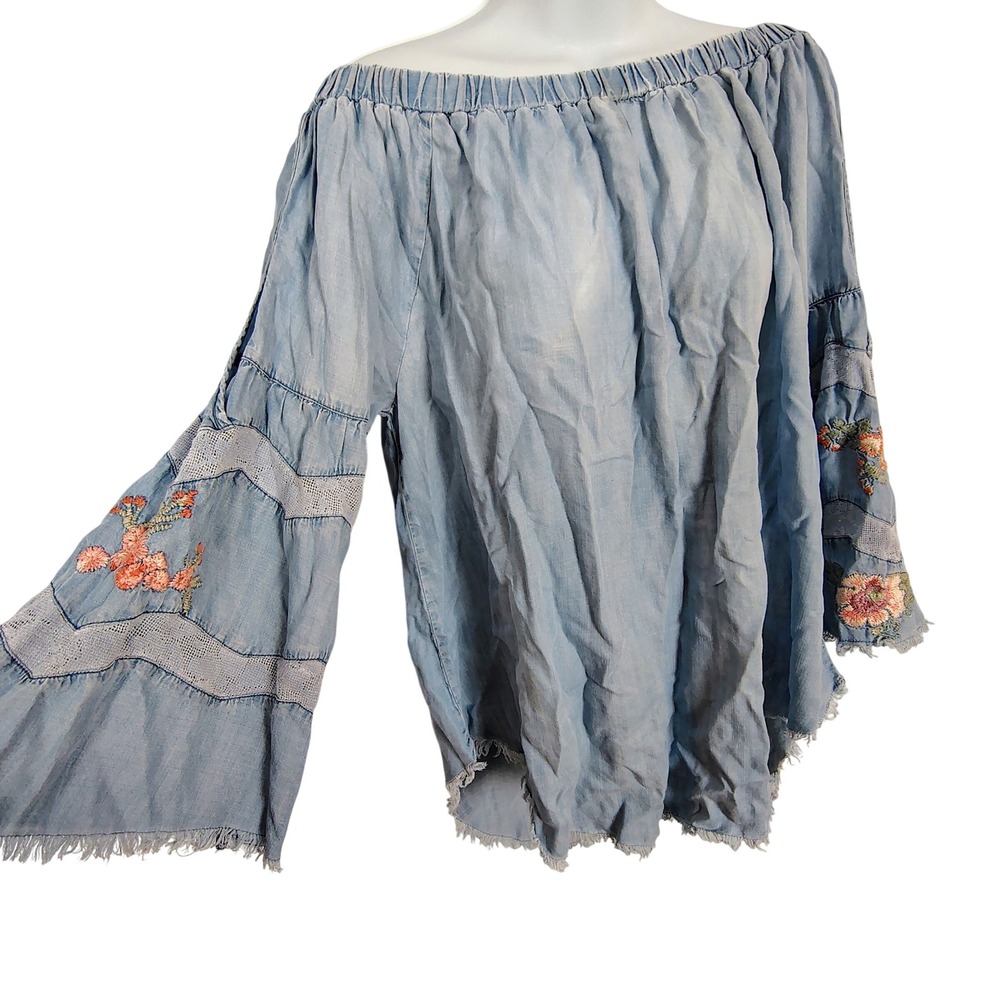 Standard Grace Womens Large Blue Chambray Embroidered Off Shoulder Boho Top L